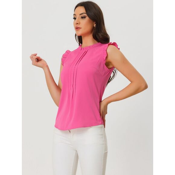 Ruffled Business Office Vintage Sleeveless Work Blouses Top Neon Pink - Picture 3 of 6